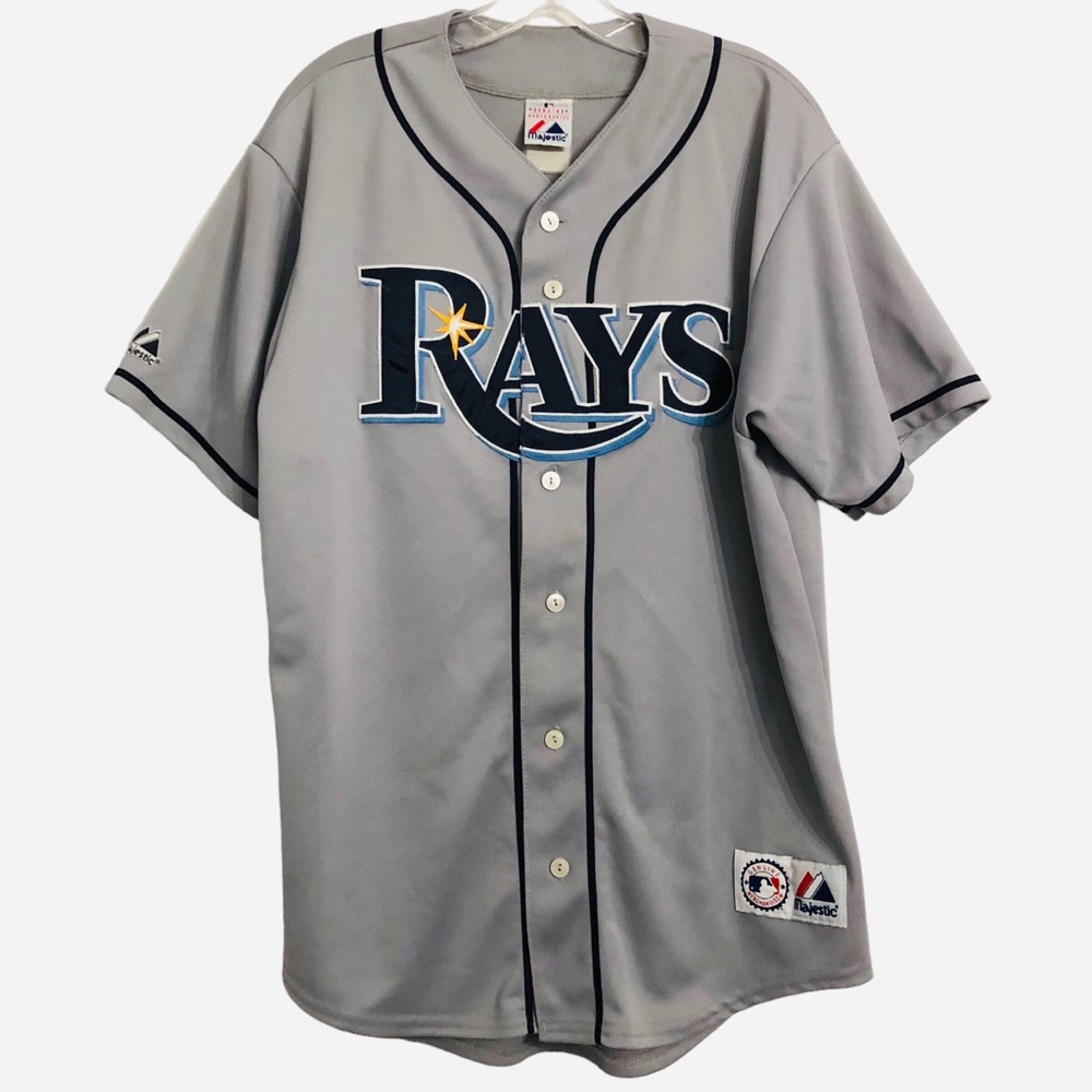 Majestic Jersey Tampa Bay Rays MLB Short Sleeve Athletic Button Down Gray Large